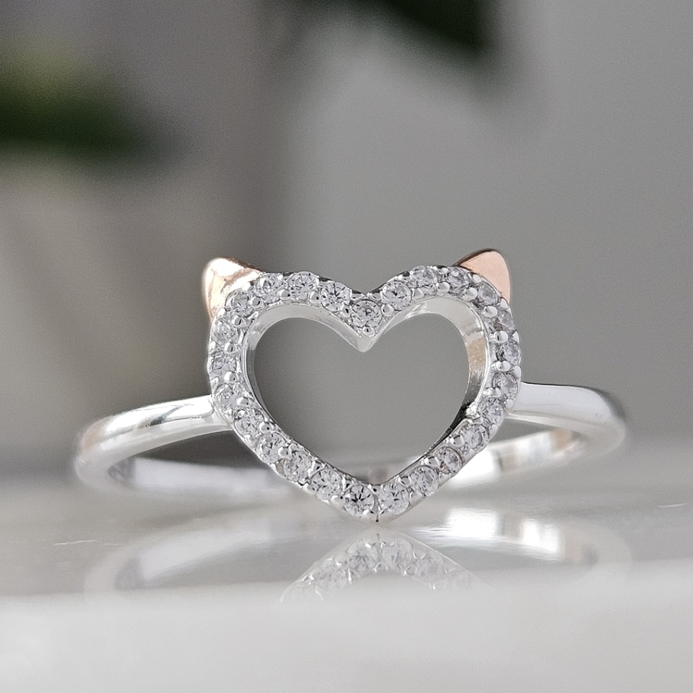 Cat Heart Ring, Solid 925 Sterling Silver Charmed Aroma Cat Collection